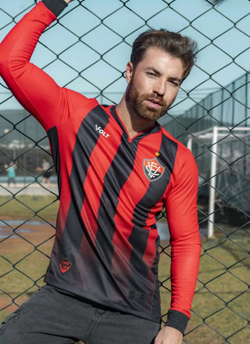 Camisa Jogo 1 Manga Longa Vitória Vermelha e Preta Masculina Volt